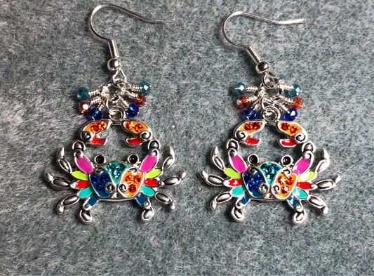 Blue, red, and turquoise enamel crab charm earrings adorned with tiny dangling blue, red, and turquoise Chinese crystal beads.