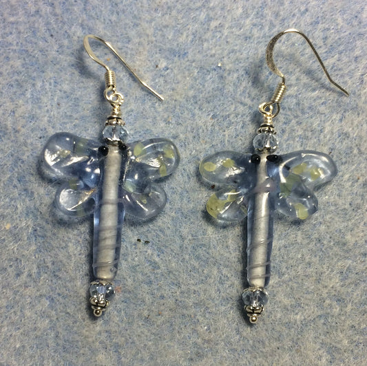 Light blue and yellow lamp work dragonfly bead earrings adorned with light blue Chinese crystal beads.