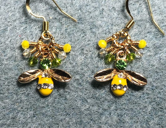 Gold, yellow, and green enamel and rhinestone honeybee charm earrings adorned with tiny dangling yellow, green, and clear Chinese crystal beads.