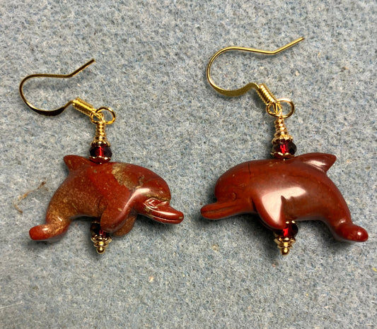 Dark red poppy jasper gemstone dolphin bead earrings adorned with dark red Chinese crystal beads.