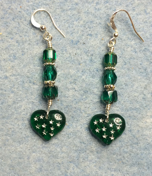 Teal green Czech glass heart bead earrings adorned with teal green Czech glass beads.