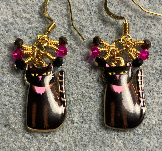 Black, brown, and pink enamel cat charm earrings adorned with tiny dangling black, brown, and pink Chinese crystal beads.
