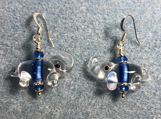 Clear and dark blue lamp work elephant bead earrings adorned with dark blue Chinese crystal beads.