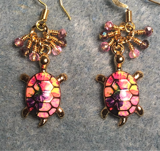 Pink and purple enamel turtle charm earrings adorned with tiny dangling pink and purple Chinese crystal beads.