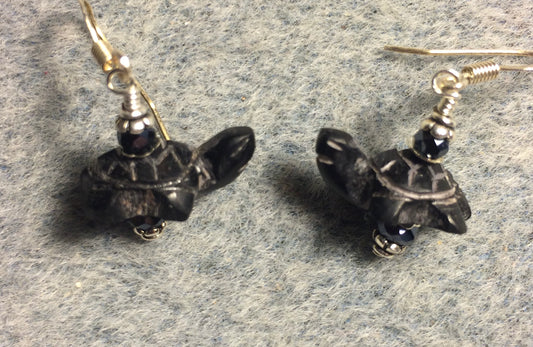 Tiny vintage black onyx gemstone turtle bead earrings adorned with black Chinese crystal beads.