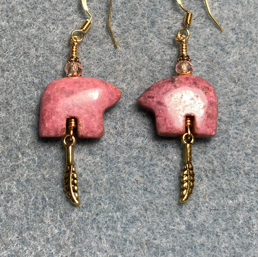 Pink rhodonite gemstone Zuni bear fetish bead earrings adorned with pink crystal beads and tiny gold feather charms.