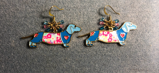 Large turquoise and pink dachshund charm earrings adorned with tiny dangling turquoise and pink Czech glass beads.