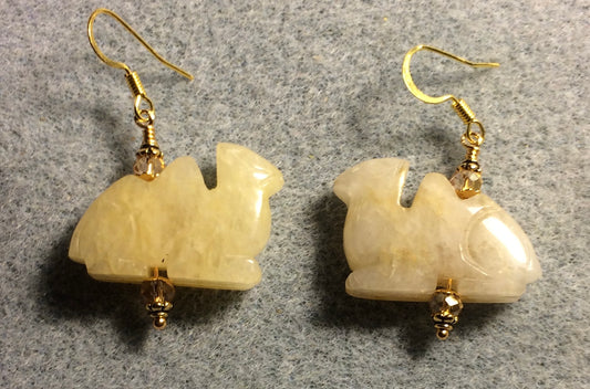 Yellow jadeite gemstone camel bead earrings adorned with amber Chinese crystal beads.