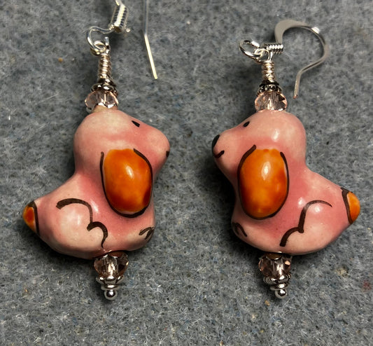 Pink and brown ceramic puppy dog bead earrings adorned with pink Chinese crystal beads.