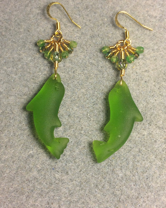 Lime green sea glass dolphin pendant bead earrings adorned with lime green Czech glass beads and tiny dangling lime green Czech glass beads.