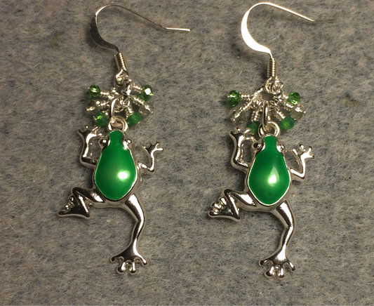 Green and silver enamel frog charm earrings adorned with tiny dangling green and silver Chinese crystal beads.