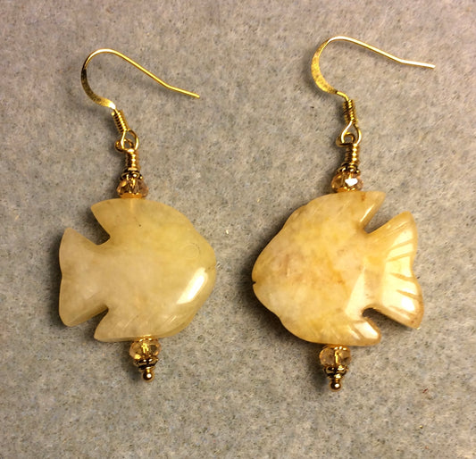 Large yellow jadeite gemstone angelfish bead earrings adorned with topaz Chinese crystal beads.