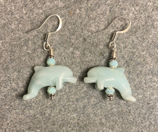 Amazonite gemstone dolphin bead earrings adorned with light green Chinese crystal beads.