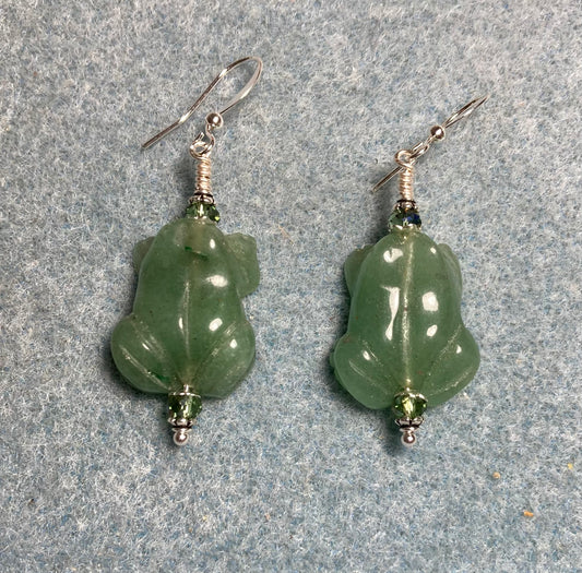 Large green aventurine gemstone frog bead earrings adorned with light green Chinese crystal beads.