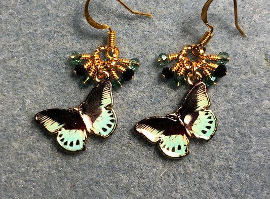 Teal and black enamel dragonfly charm earrings adorned with tiny dangling teal and black Chinese crystal beads.