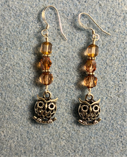 Silver owl charm earrings adorned with rose Czech glass beads