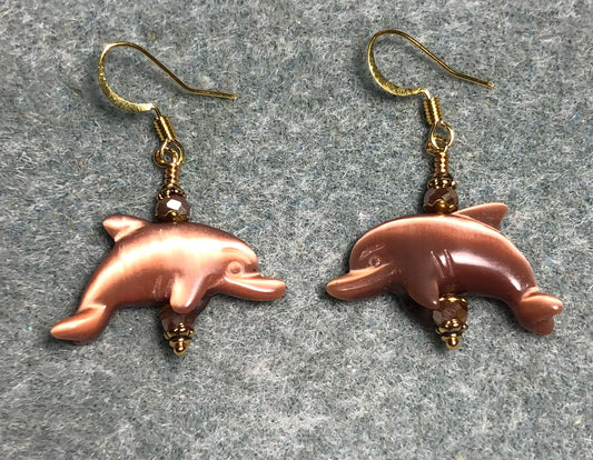 Light coffee colored fiber optic (cat’s eye) gemstone dolphin bead earrings adorned with coffee colored Chinese crystal beads.