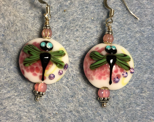 Pink and green lamp work dragonfly bead earrings adorned with pink Czech glass beads.