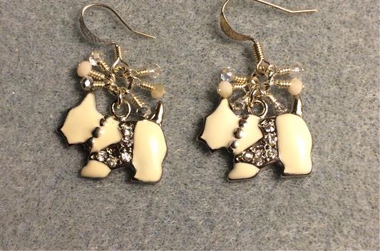White enamel and rhinestone Scottish terrier dog charm earrings adorned with tiny dangling white, silver, and clear Chinese crystal beads.