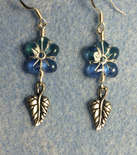 Aqua (with silver inlay) Czech glass puffy flower bead earrings adorned with silver Tierracast leaf charms.