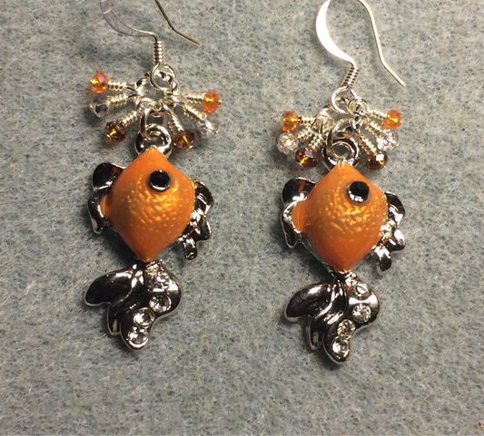 Silver and orange enamel goldfish charm earrings adorned with tiny dangling orange and silver Chinese crystal beads.