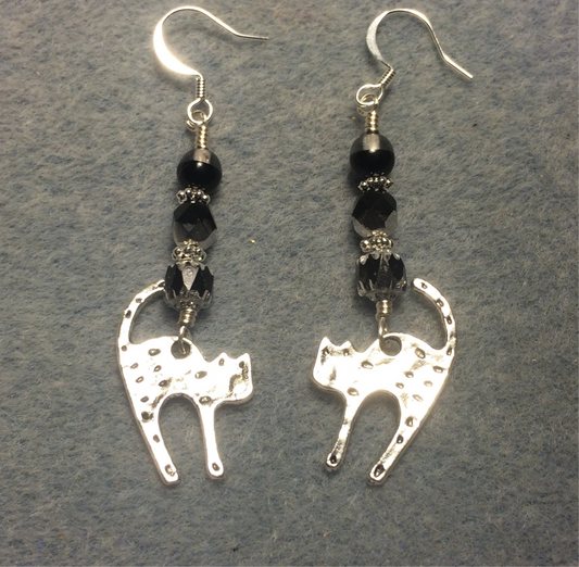 Silver scaredy cat charm earrings adorned with black Czech glass beads