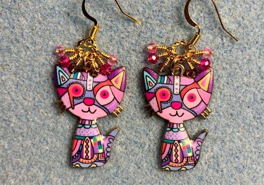 Pink and violet enamel cat charm earrings adorned with tiny dangling pink and violet Chinese crystal beads.