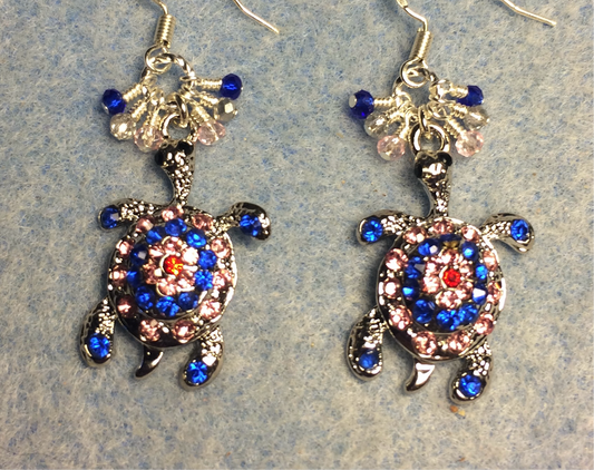 Pink and dark blue rhinestone turtle charm earrings adorned with tiny dangling pink, silver, and dark blue Chinese crystal beads.