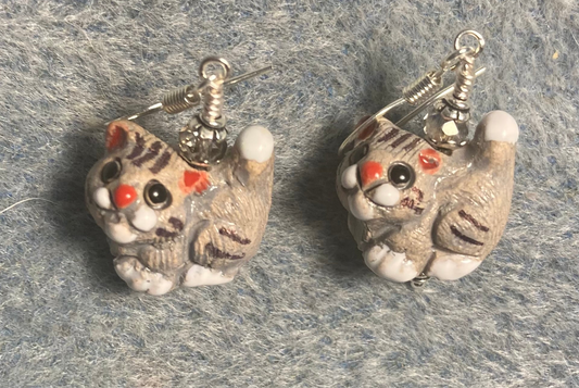 Small gray ceramic tabby cat bead earrings adorned with clear Chinese crystal beads.