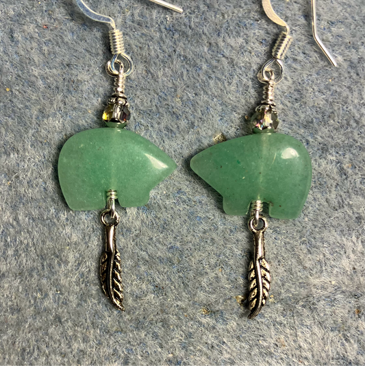 Green aventurine gemstone Zuni bear fetish bear earrings adorned with sparkly green crystal beads and tiny silver feather charms.