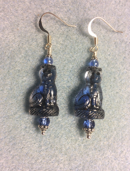 Dark blue (with black inlay) fancy Czech glass cat bead earrings adorned with dark blue Czech glass beads.