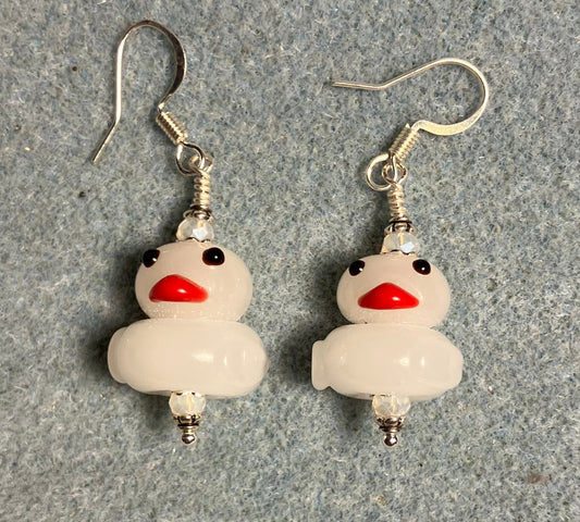 Opaque white lamp work duck bead earrings adorned with white Chinese crystal beads.