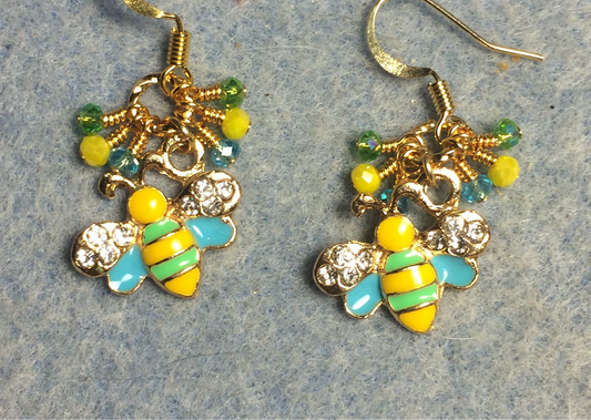 Yellow, green, and aqua enamel and rhinestone honeybee charm earrings adorned with tiny dangling yellow, green, and aqua Chinese crystal beads.