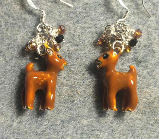 Small brown enamel deer charm earrings adorned with tiny dangling brown, black and yellow Chinese crystal beads.
