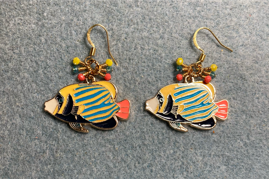 Yellow, aqua, and coral enamel striped angelfish charm earrings adorned with tiny dangling yellow, aqua, and coral Chinese crystal beads.