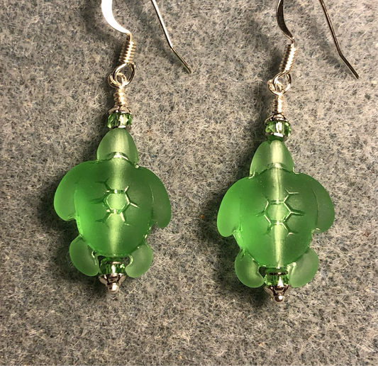 Lime green sea glass sea turtle bead earrings adorned with lime green Chinese crystal beads.