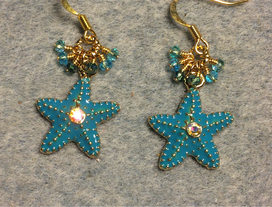 Turquoise and gold enamel starfish charm earrings adorned with tiny dangling turquoise Chinese crystal beads.