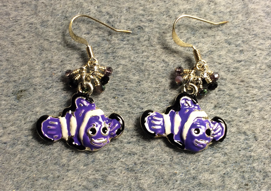 Purple, black, and white enamel striped fish charm earrings adorned with tiny dangling purple and black Chinese crystal beads.