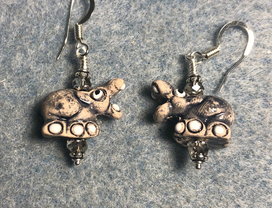 Small gray and white ceramic hippopotamus bead earrings adorned with gray Chinese crystal beads.