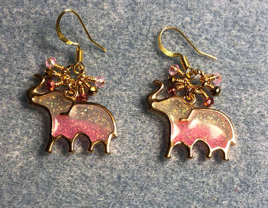 Pink and gold resin elephant charm earrings adorned with tiny dangling pink and gold Chinese crystal beads.