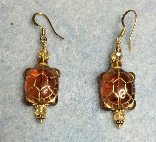 Topaz (with gold wash) Czech glass turtle bead earrings adorned with topaz Chinese crystal beads.