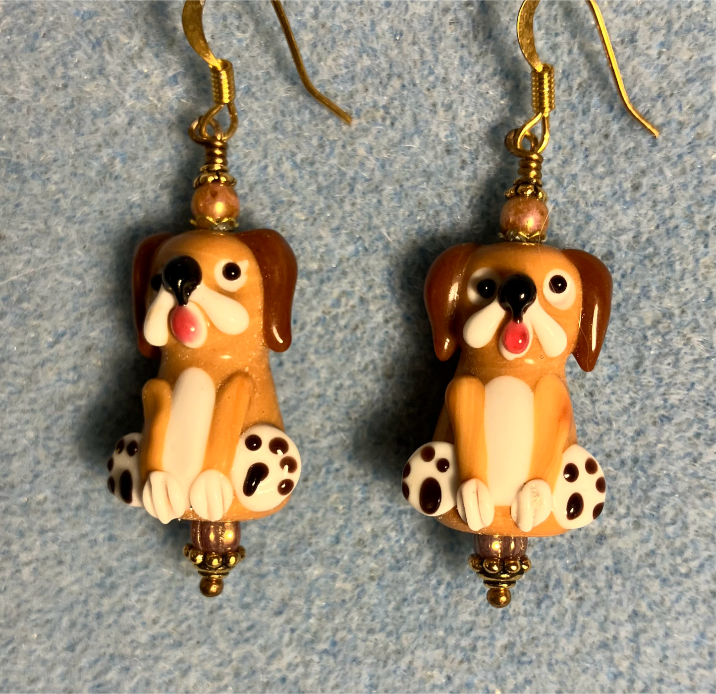 Brown and tan lamp work puppy dog bead earrings adorned with tan Czech glass beads.