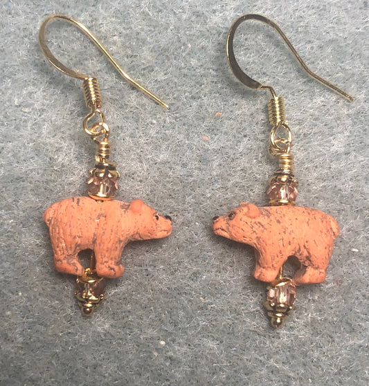 Tiny orange brown ceramic bear bead earrings adorned with gold Chinese crystal beads.