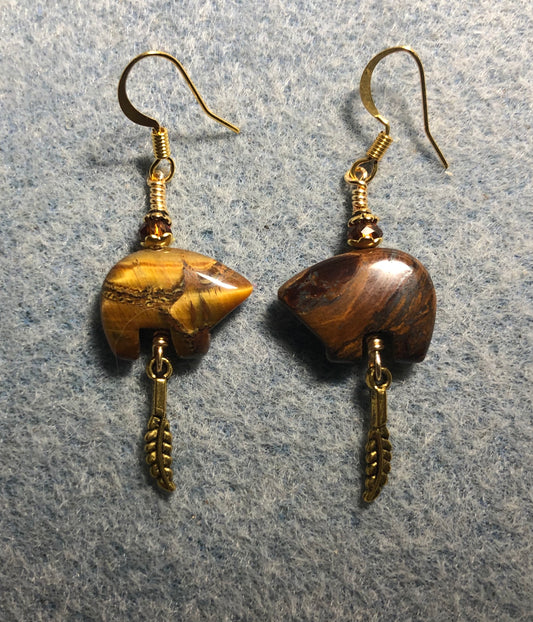 Tigereye gemstone Zuni bear fetish bead earrings adorned with topaz crystal beads and tiny gold feather charms.
