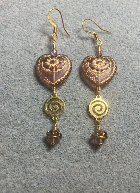 Violet (with gold inlay) Czech glass heart bead earrings adorned with gold swirly links and small violet Czech glass Saturn beads.