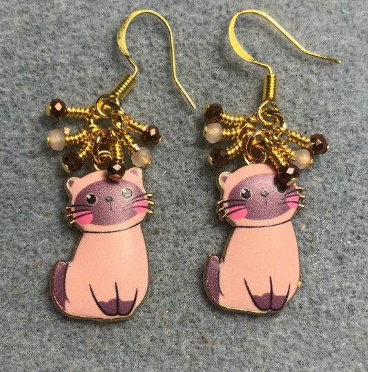 Brown and peach enamel cat charm earrings adorned with tiny dangling brown and peach Chinese crystal beads.