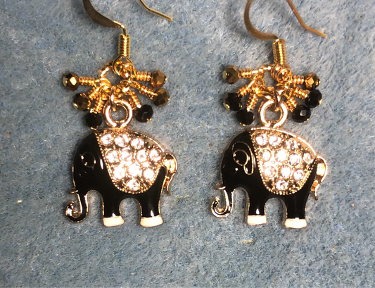 Black enamel and colorful rhinestone elephant charm earrings adorned with tiny dangling black and gold Chinese crystal beads.