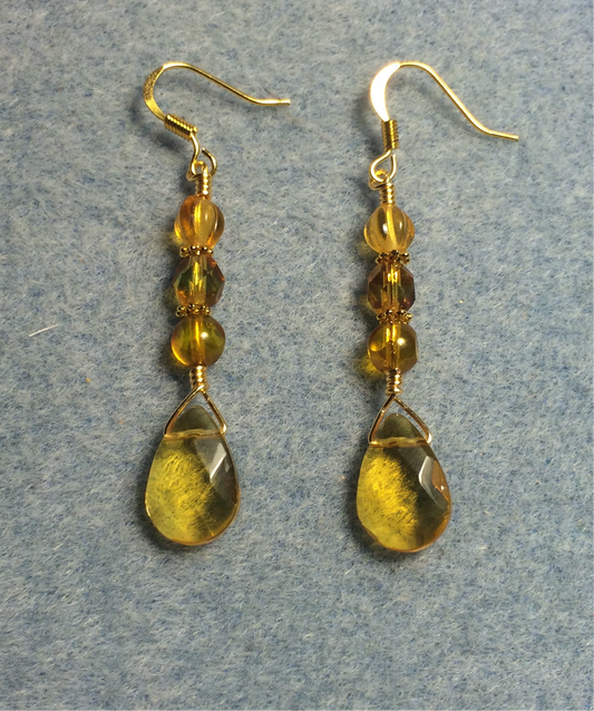 Topaz Czech glass briolette bead earrings adorned with topaz Czech glass beads.