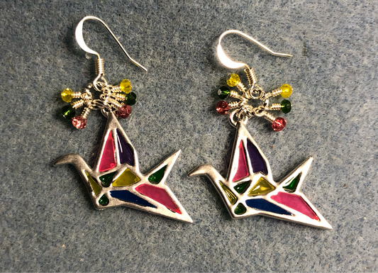 Silver, pink, green, and yellow enamel origami flying crane charm earrings adorned with tiny dangling pink, green, and yellow Chinese crystal beads.