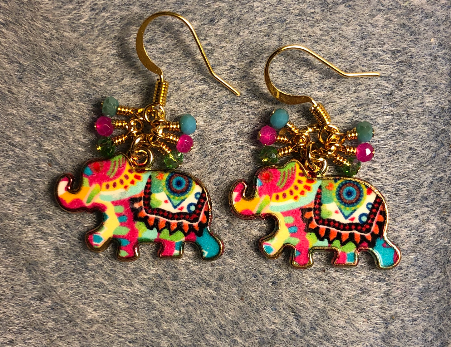 Pink, green, and aqua enamel elephant charm earrings adorned with tiny dangling pink, green, and aqua Chinese crystal beads.